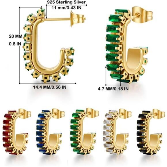 Gold hoop earrings green crystal huggie cubic zirconia dainty jewelry gift - Picture 2 of 7